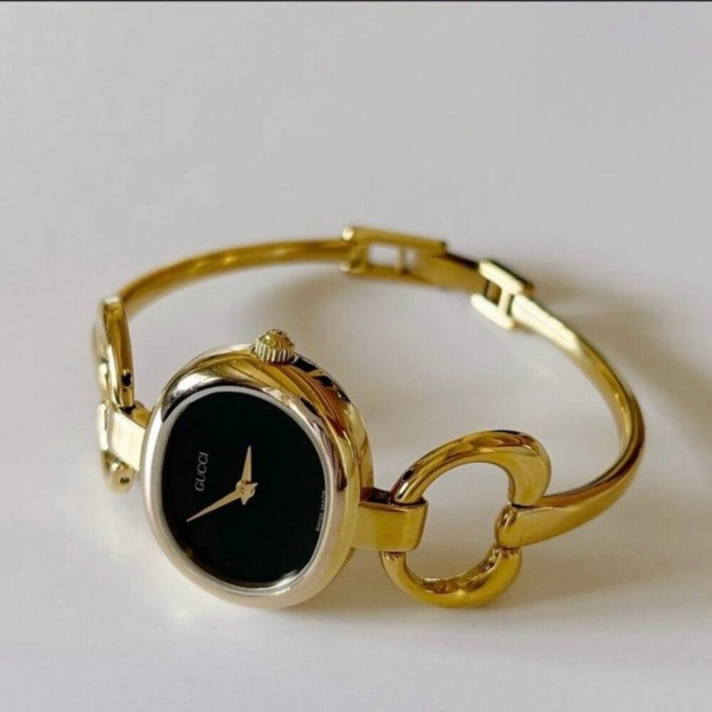 GUCCI Vintage (1990's) Gold Tone Watch-Black Face.  Like New